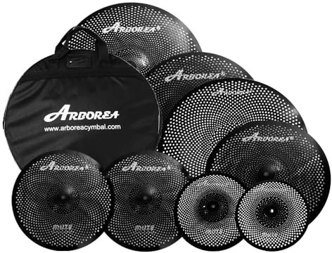 Arborea Paquete de 8 platillos de práctica silenciosos negros de bajo volumen para batería, juego de 25.4 cm/30.5 cm, Hihats, 40.6 cm, Crash de 45.7 cm, Crash de 45.7 cm, paseo de 50.8 cm, platillo