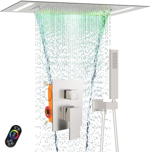 20x14-Inch Luxury LED Spa Shower System Rainfall Waterfall 2 Modes Showerhead with Remote Control, 3 Way Mixer Valve, Brushed Nickel