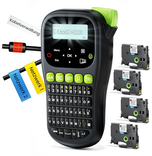 EazeID Beschriftungsgerät H1100, Etikettiergerät mit 4 BZ Bändern 12mm | Tragbares Etikettendrucker Hintergrundbeleuchtetes LCD, für Kabelkennzeichnung, Schule Büro Zuhause Küche Werkstatt Industrie