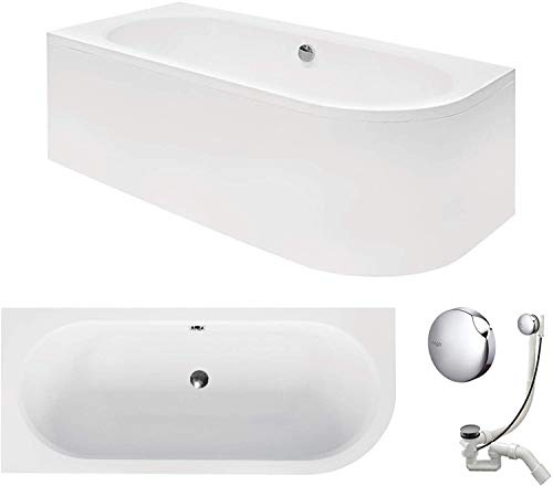 VBChome bañera 170 x 75 cm acrílico Set Delantal Sifón bañera esquina bañera antideslizante color blanco diseño Modern desagüe para 2 personas, Blanco