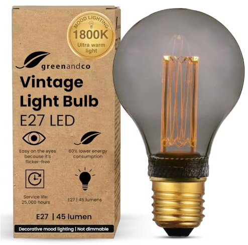 greenandco Vintage Design LED Birne zur Stimmungsbeleuchtung | E27 A60 | smoke | 2W 45lm | 1800K extra warmweiß | 320° | 230V | flimmerfrei | nicht dimmbar | Edison Glühbirne