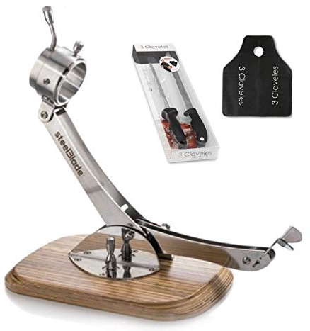 Hidalgo Soporte JAMONERO INOX con Base de Madera Color Cebrano + Set Cuchillo JAMÓN Y CHAIRA 3 CLAVELES +Regalo Cubre JAMÓN.
