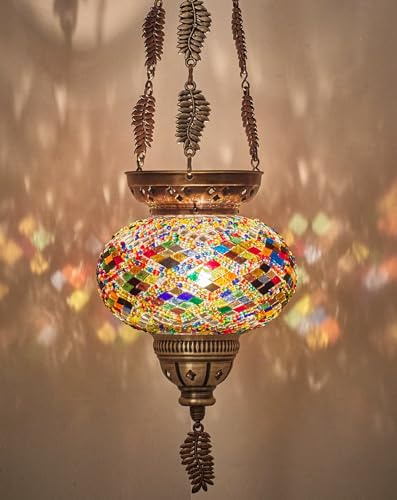 DEMMEX Turkisk marockansk färgglad mosaik bohemisk boho hängande ljushållare lykta med handgjord färgglad glasklot och metallbladkedjor, 61 cm (24 tum) (himmel)