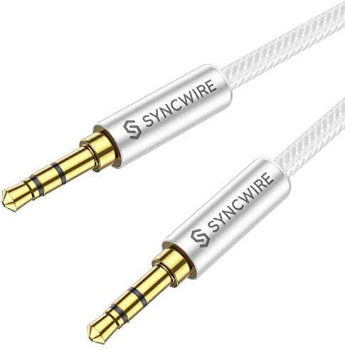 Syncwire Câble audio auxiliaire 3,5 mm – Câble jack 3 m pour écouteurs, Apple iPhone, iPod, iPad, Echo Dot, systèmes stéréo domestique/voiture, smartphones, lecteurs MP3 et plus encore – Nylon argenté