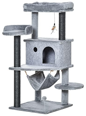 PawHut Árbol Rascador para Gatos 48x48x107 cm con Cueva de Fieltro Desmontable Hamaca Camas de Felpa Múltiples Plataformas Postes Rascadores de Sisal y Juguetes Gris