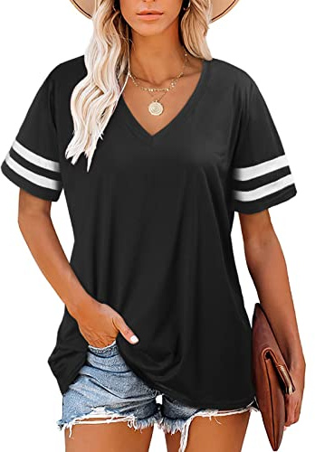 Voqeen T-Shirt Femme Col V Top Décontracté à Manches Courtes Top Basique à Rayures pour l'été, Taille L, Noir