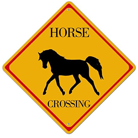 Vorsicht Pferd Xing Metall Blechschild Pferd Kreuzung Warnschild Rustikale Retro Straße Schild Rhombus Form Straße Metallschild für Land Straße Rasen 12 Zoll