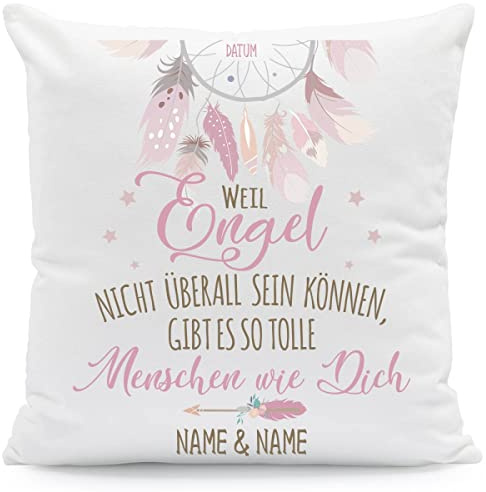 GRAVURZEILE Bedrucktes Kissen mit Motiv - Weil Engel Nicht überall Sein können - Personalisiert mit Namen & Datum - Geschenk zum Geburtstag Größe mit Füllung