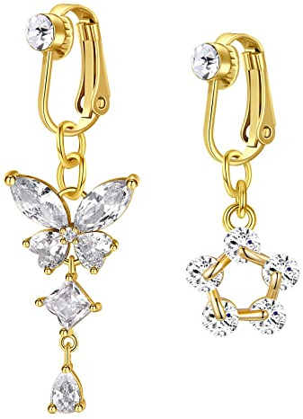 AceFun 2 Stück Nicht Durchbohrt Fake Bauchnabel Bars Clip auf Bauch Piercing Chirurgenstahl mit Blume Schmetterling CZ baumeln Goldene Faux Bauch Ringe Piercing-Schmuck