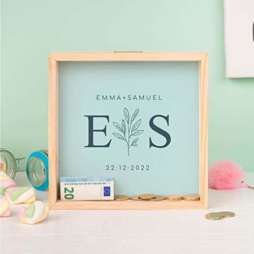Wanapix | Tirelire en Bois Personnalisée avec Photo et Texte | Pièces et Billets | Cadeau de Mariage | Bois de Peuplier et Méthacrylate Transparent | Carré 21x21 cm | Initiales