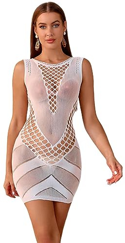 Bommi Fairy Sexiga nätunderkläder för kvinnor, lång klänning, tubulära kläder, bodycon-outfit, rund hals, maxiklänning, Vit., XS-XXL