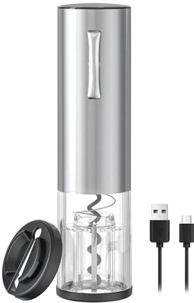 ELMWAY VinoLux Series Compact Rechargeable Wine Opener by ELMWAY – Electric Corkscrew with Foil Cutter, LED Light & Brushed Stainless Steel Shell, Transparent Window, Easy Cork Removal for Wine Lovers