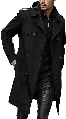 Mymyguoe Uomo Doppiopetto Trench con Cintura Revers Lungo Cappotto Business Giacca Primavera Giacca di Transizione Windbreaker Revers Giacca Lunga Casuale Antivento Cappotto, Nero , L