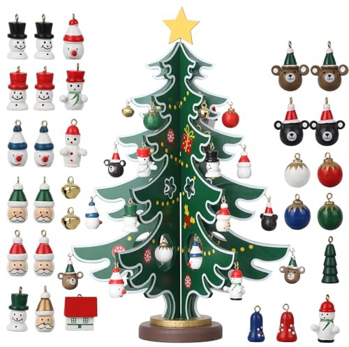 Cinnyc Tabletop Wooden Christmas Tree - Upgraded Small Christmas Tree with 30 Mini Ornaments for Table Desk Decoration Xmas/Christmas Best Gift -30cm (Green)