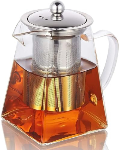 Square Glass Teapot with Infuser, Tea Pot for One, Clear Easy Clean Borosilicate for Stovetop Safe,Glass Teapots for Blooming Tea,Loose Tea,Flowering Tea (750ML-JS)