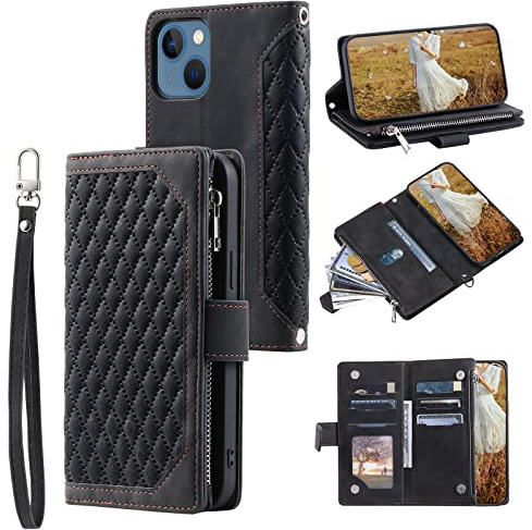 QLTYPRI Wallet Case for iPhone 13(6.1 inch),Luxury Quilted PU Leather Wallet Case with Card Slots for Women,Magnetic Zipper Purse Case with Wrist Strap Kickstand Shockproof Flip Cover-Black