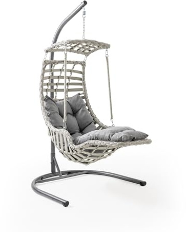 Alveon Hängesessel mit Gestell & Kissen mit Schutzhülle Handgeflechtet Hängestuhl Rattan Hängematte Hängekorb Garten Balkonmöbel Hängeschaukel Alacati (Weiß)