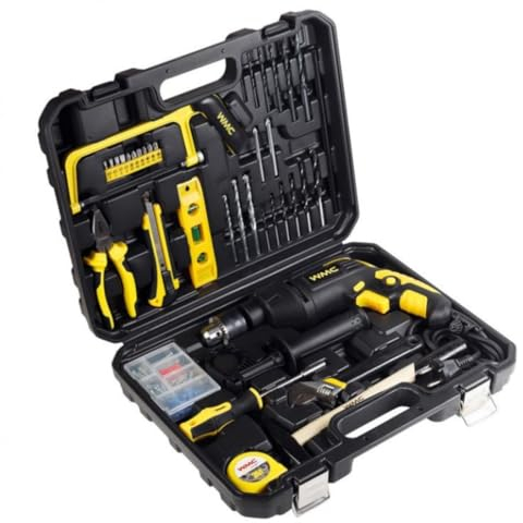 WMC Tools Werkzeugkoffer gefüllt mit Schlagbohrmaschine 59-teilig – Werkzeugset mit Bohrer, Bits, Schraubendreher, Zangen, Hammer, Säge & Zubehör für Haushalt, Werkstatt, Auto