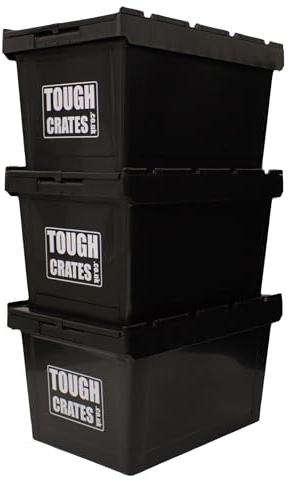 Tough Crates 3 x Heavy Duty Plastic Storage Boxes Black With Attached Lids Stackable (60 Litre)