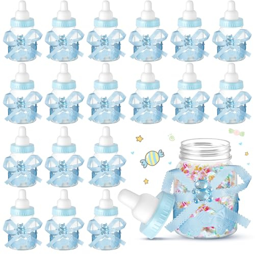 Nuenen 36 Pcs Baby Bottle Party Favors Plastic Mini Milk Bear Bottles for Baby Shower Decorations and Centerpieces Candy Jar with Ribbon for Gifts(Blue,Stylish)