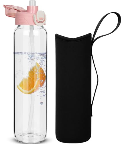 DEARRAY 1 litro Botella Agua Cristal con Pajita, 1l a Prueba de Fugas Botella Gimnasio Vidrio Borosilicato Deportiva con Funda de Neopreno