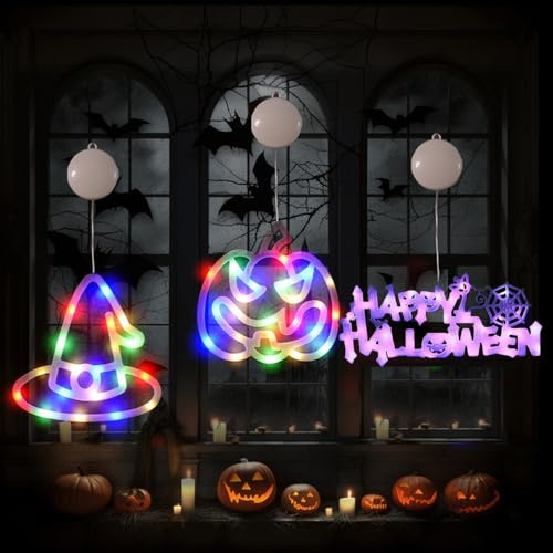 Halloween Fensterdeko Licht mit Saugnapf, 3er-Pack Innenbeleuchtung, Batteriebetriebene Halloween-Fensterdekoration