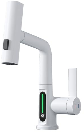 Wasserhahn Küche Ausziehbar, Wasserhahn Küche mit LED Temperaturanzeige, Küchenarmatur 360° Schwenkbar, 3 Wasserstrahlmodi, mischbatterie küche, Wasserfallarmatur für Küche, Bad (Weiß)
