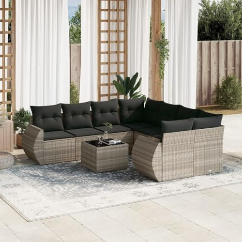 Juroupi 9-TLG. Garten-Sofagarnitur mit Kissen Gartengarnitur Lounge GartenmöBel GartenmöBel Set Lounge MöBel Outdoor Hellgrau Poly Rattan - 3221161