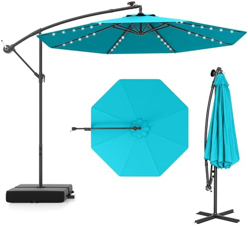 RELAX4LIFE Ombrellone da Giardino 3x3M con Luci a LED, Ombrellone da Balcone con Base a Croce e Sacco di Sabbia, Protezione Solare, per Giardino Terrazzo e Patio (Turchese)