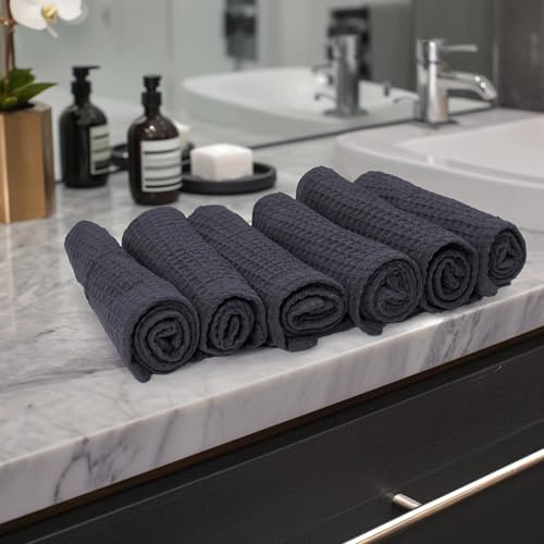 Encasa XO' våffelväv ansikte och handdukar – 30 x 30 cm, grå tvättlappar set med 6 – snabbtorkande för badrum, gym, kök och resor – små återanvändbara disktrasor och ansiktsservetter för daglig