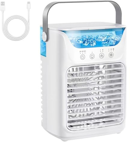 Mini Aire Acondicionado Portatil Silencioso,Aire Acondicionado Portatil,4 en 1 Climatizador Evaporativo,Enfriador de Aire,3 Velocidades,2 Modos de Pulverización,LED de 7 Colores,700ml,blanca,21in