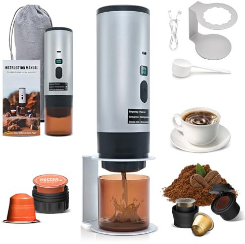 RoserRose Tragbare Kaffeemaschine, Reisekaffeemaschine, Drahtlos & Selbstwärmend - Mit 7800mAh Akku, USB-C Ladefunktion & 20-Bar-Presse, Kompatibel mit Nespresso/Dolce Gusto/Mahlkaffee (Grau)