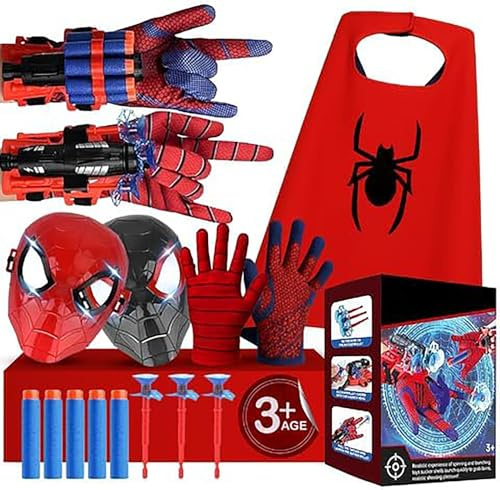MAQRLT Superhero Web-Slinging Toy Set – 7-in-1 Superhero Set Includes 2 Web Shooters, 2 Hero Masks, 2 Gloves, and 1 Cape – Ideal for Indoor and Outdoor Costume Role-Playing, Imaginative Play