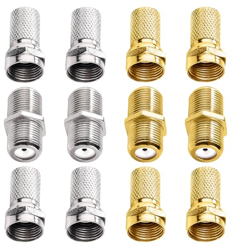 KUOQIY 12 Pièces F-Connecteur Set, Connecteurs F à Vis et Coupleur de Type-F, Connecteur d'Adaptateur Sat, pour Antenne Satellite Sky Freesat Virgin NTL, Or, Argent