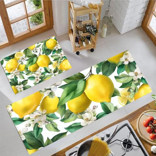 JEDTAKCT Küchenteppiche 2 Stück, Aquarell Zitrone rutschfest Dauerhaft Küchenläufer, Sommerfrucht Anti-Müdigkeit Teppich Flurläufer Für Küche Wohnzimmer, Dunkelgrün, 44X75Cm+44X120Cm