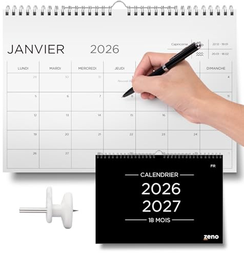 ZENO Calendrier Mural 2026 2027 - De Janvier 26 à Juin 27 (18 Mois) - Planning Mensuel & Organiseur Familial 2026 2027 - Idéal pour les Familles - Facile à lire - Fixation incluse