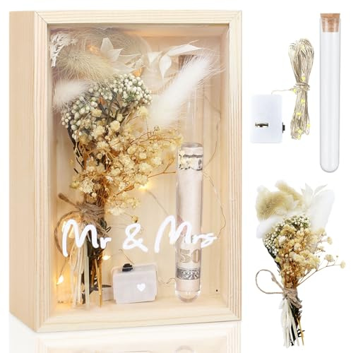 Druuzyl Caja Regalo Boda de Madera Set Juego de Regalo de Dinero de Boda, Caja para Regalar Dinero para Recién Casados Incluye Flores Secas Caja de Madera Tubo de Ensayo Cadenas de Luces