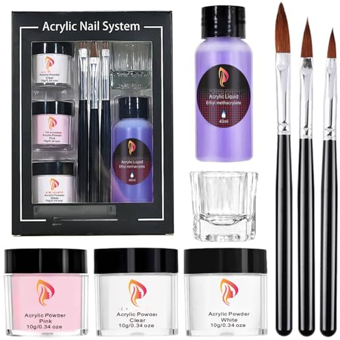 Acrylic Nail Kit Large Capacity Set - 3 Colors Acrylic Powder with 3 Sizes Nail Art Brush - Pink Nudes Clear Acrylic Liquid Set for Beginners - Acrylic Nails Extension File Nails Extension Glass Cup
