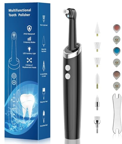 InFanso Tooth Polisher Plaque Remover for Teeth, Teeth Whitening Kit with 10 Brush Heads & 6 Polishing Pastes, 5 Smart Modes to Effectively Remove Stains, Yellowing and Plaque, Rechargeable, Black