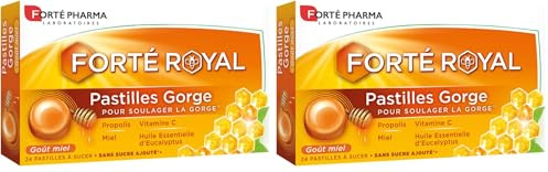 Forté Pharma - Pastilles Gorge Forté Royal - Irritation gorge - Propolis, Huile essentielle Eucalyptus, Miel, Vitamine C - Sans sucre ajouté, à laisser fondre, goût Miel - 24 pastilles, 1 à 3/jour