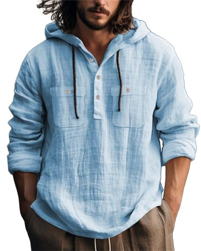 Sudadera genérica para hombre de algodón – Camisa con capucha para hombre, color liso, manga larga, informal, alto y holgado, estiramiento, top confort, transpirable, camisa ligera minimalista, azul