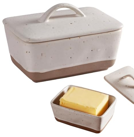 Mantequera de cerámica con tapa, 350 ml, caja de mantequilla de porcelana vintage, pequeña mantequera con tapa y asa, para frigorífico y mesa de comedor, para todo tipo de mantequilla común (esmalte