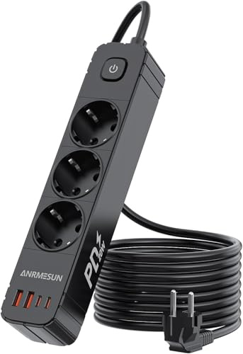 ANRMESUN Regletas Enchufes con 3 Tomas y Interruptor, Enchufe Múltiple de Carga 2 USB A y 2 USB C (PD 20W), Protección Sobretensión, Cable 1.9m, Ideal para Viajes y Hogar