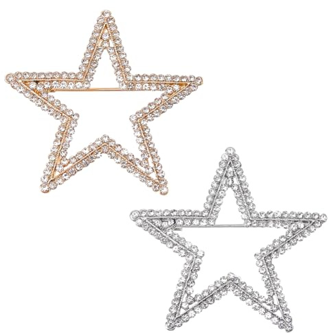 FINGERINSPIRE 2 broches con forma de estrella con pedrería, 43 x 43,5 mm, broche con forma de estrella, de aleación, colores dorado claro y platino, broche para vestido de novia, fiesta, ceremonia