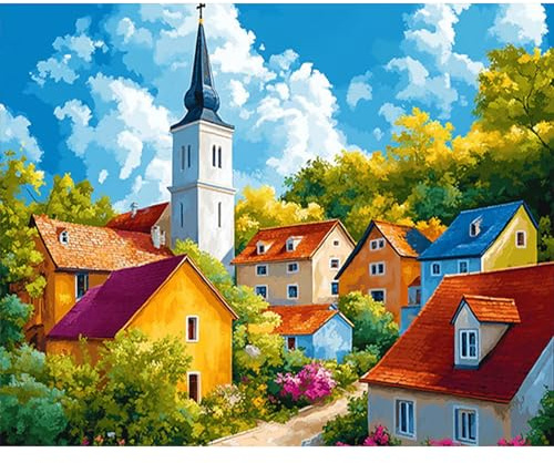 RICUVED Casas Pintura por Números para Principiantes -paisajes Kit de Pintura por Números con Lienzo 30x40 cm, 3 Pinceles, Pinturas Acrílicas y Gancho Metálico - Completo para Adultos