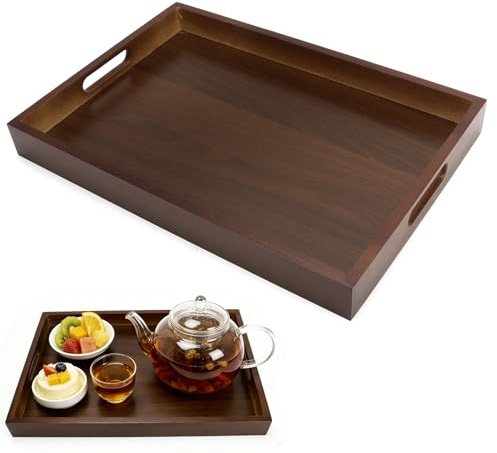 Tablett Serviertablett Holz mit Griffen 38x26x4cm, Großes Holztablett Rechteckig, Frühstückstablett Küchentablett für Kaffee, Getränke, Deko Serviertablett Modern