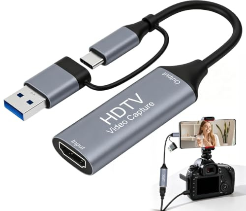 Video Capture Card, HDM to USB C/USB 3.0 Capture Device | Ultra-Low Latency 4K30Hz Input 1080P 60HzOutput Audio Video Record Adapter for Stream, OBS, Switch, PS5, Xbox, Quest 3, Mac