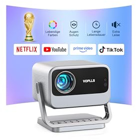 Smart Beamer 4K【Netflix vorinstalliert & Dolby Audio】 VOPLLS 35000L Autofokus & Trapezkorrektur Beamer Heimkino, Full HD 1080P WiFi6 Bluetooth Videoprojektor für Handy/PC, Outdoor & Fußballabend