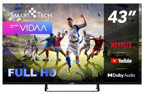 Smart Tech 43FV02V Fernseher 43 Zoll Smart TV VIDAA mit Full HD Auflösung | Dolby Audio | 3x HDMI | 2x USB | Bluetooth | Frameless Design | Miracast | Triple-Tuner DVB-C/-S2/-T2 | Modelljahr 2026