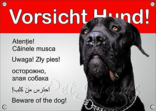Petsigns Hundeschild Cane Corso - Vorsicht! - in 6 Sprachen - haltbares Metallschild, DIN A3